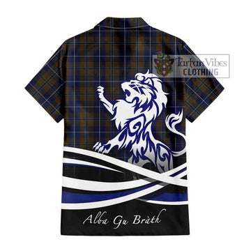 Douglas Brown Tartan Short Sleeve Button Shirt with Alba Gu Brath Regal Lion Emblem