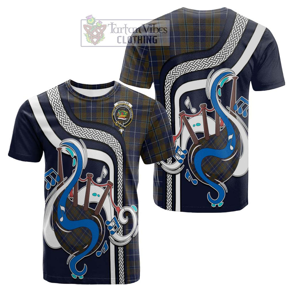 Tartan Vibes Clothing Douglas Brown Tartan Cotton T-shirt with Epic Bagpipe Style