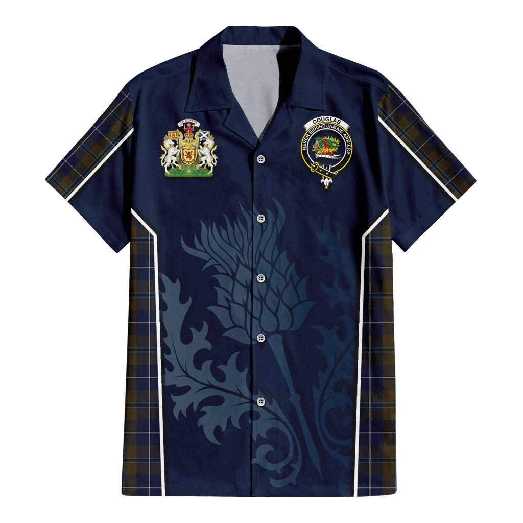 Tartan Vibes Clothing Douglas Brown Tartan Short Sleeve Button Up Shirt with Family Crest and Scottish Thistle Vibes Sport Style