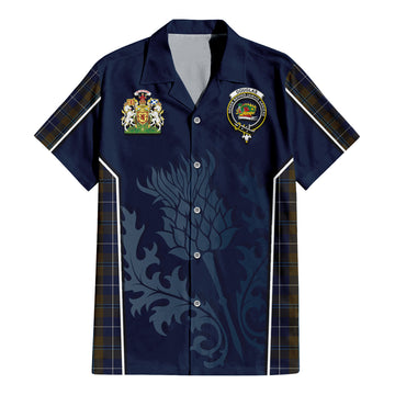 Douglas Brown Tartan Short Sleeve Button Up Shirt with Family Crest and Scottish Thistle Vibes Sport Style