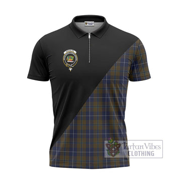 Douglas Brown Tartan Zipper Polo Shirt with Family Crest and Military Logo Style