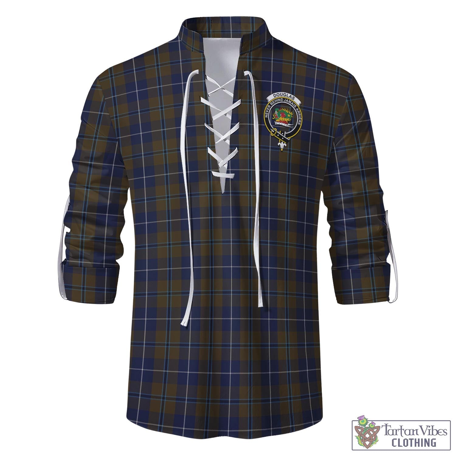 Tartan Vibes Clothing Douglas Brown Tartan Men's Scottish Traditional Jacobite Ghillie Kilt Shirt with Family Crest