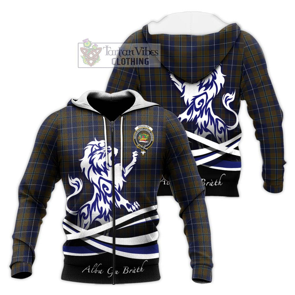 Douglas Brown Tartan Knitted Hoodie with Alba Gu Brath Regal Lion Emblem Unisex Knitted Zip Hoodie - Tartanvibesclothing Shop