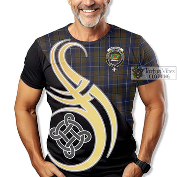 Douglas Brown Tartan T-Shirt with Family Crest and Celtic Symbol Style