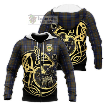 Douglas Brown Tartan Knitted Hoodie with Family Crest Celtic Wolf Style