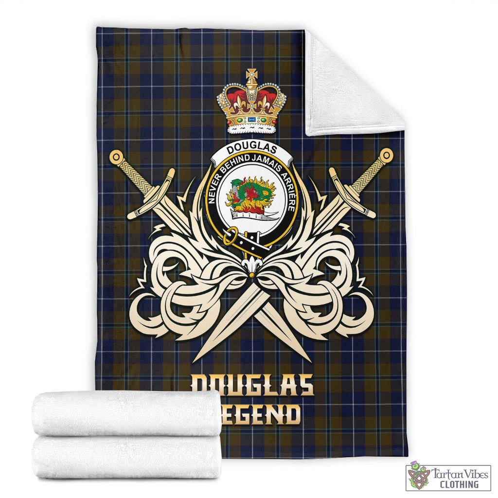 Tartan Vibes Clothing Douglas Brown Tartan Blanket with Clan Crest and the Golden Sword of Courageous Legacy