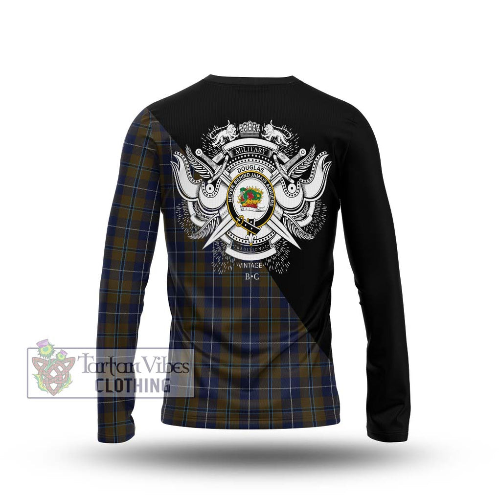 Douglas Brown Tartan Long Sleeve T-Shirt with Family Crest and Military Logo Style - Tartanvibesclothing Shop