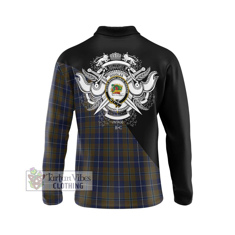 Douglas Brown Tartan Long Sleeve Polo Shirt with Family Crest and Military Logo Style - Tartanvibesclothing Shop