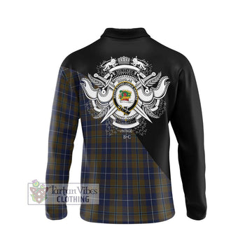 Douglas Brown Tartan Long Sleeve Polo Shirt with Family Crest and Military Logo Style