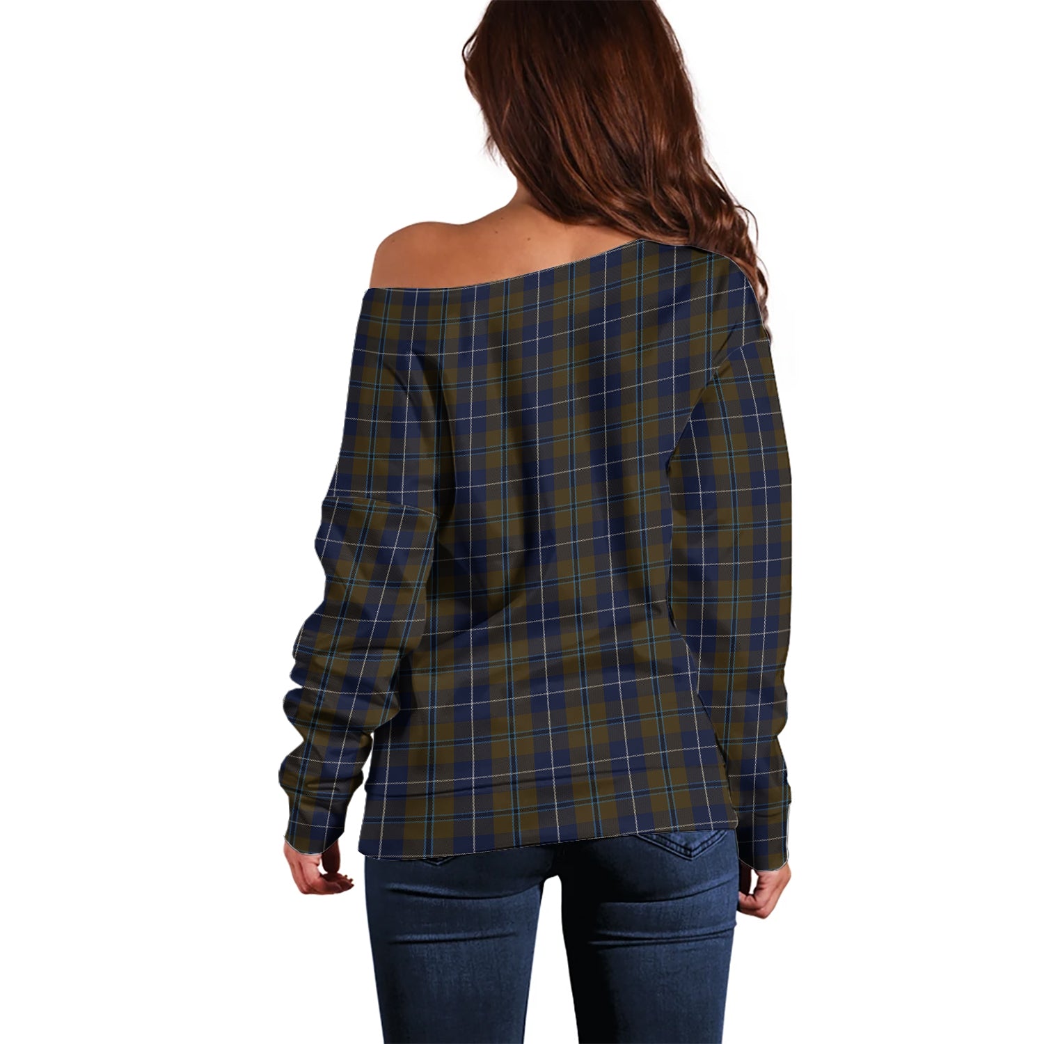 Douglas Brown Tartan Off Shoulder Women Sweater with Family Crest - Tartanvibesclothing