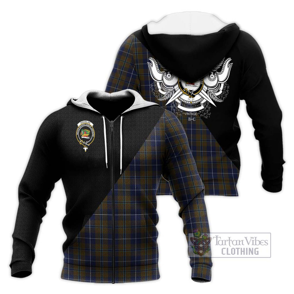 Douglas Brown Tartan Knitted Hoodie with Family Crest and Military Logo Style Unisex Knitted Zip Hoodie - Tartanvibesclothing Shop