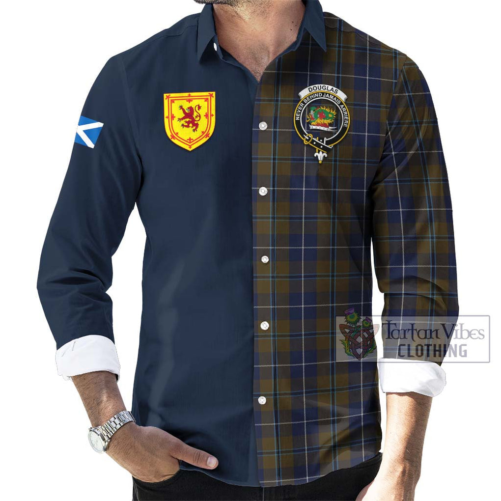 Tartan Vibes Clothing Douglas Brown Tartan Long Sleeve Button Shirt with Scottish Lion Royal Arm Half Style