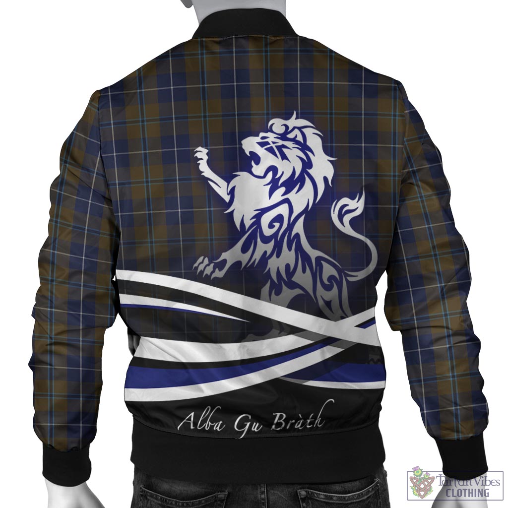 Tartan Vibes Clothing Douglas Brown Tartan Bomber Jacket with Alba Gu Brath Regal Lion Emblem