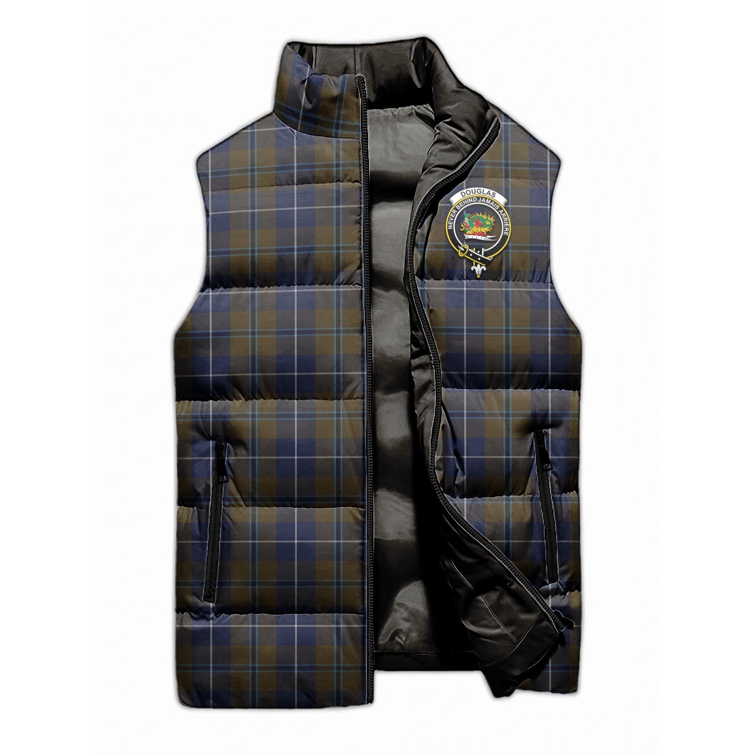 Douglas Brown Tartan Sleeveless Puffer Jacket with Family Crest - Tartanvibesclothing