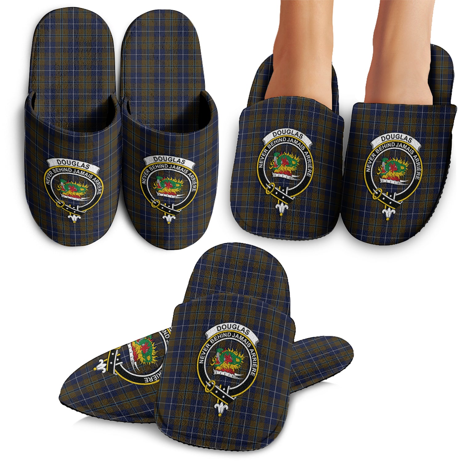 Douglas Brown Tartan Home Slippers with Family Crest - Tartanvibesclothing