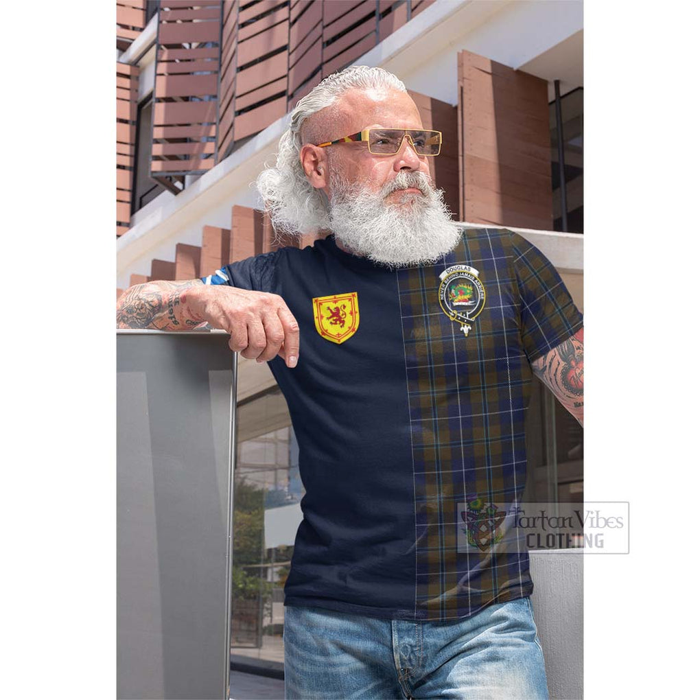 Tartan Vibes Clothing Douglas Brown Tartan Cotton T-shirt with Scottish Lion Royal Arm Half Style