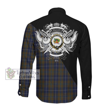 Douglas Brown Tartan Long Sleeve Button Shirt with Family Crest and Military Logo Style