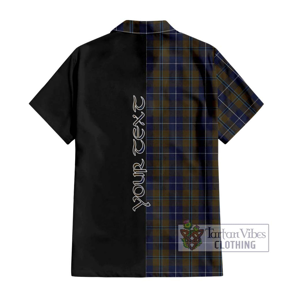 Douglas Brown Tartan Short Sleeve Button Shirt with Family Crest and Half Of Me Style - Tartanvibesclothing Shop