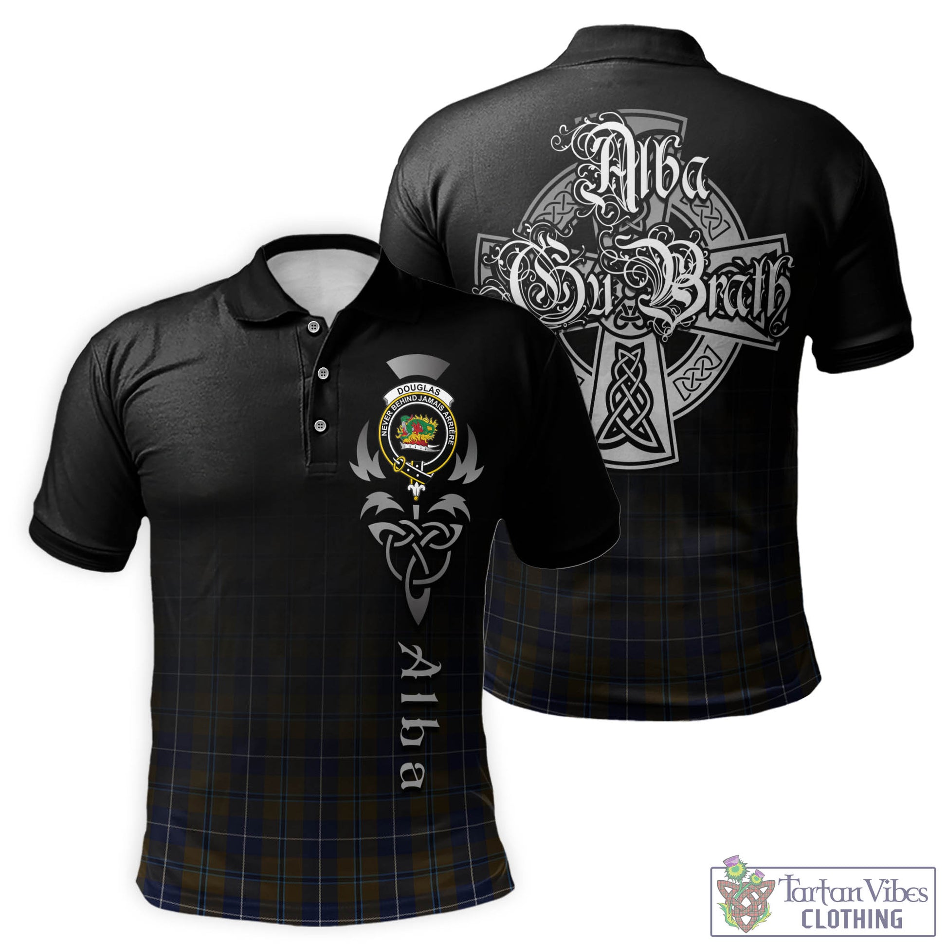 Tartan Vibes Clothing Douglas Brown Tartan Polo Shirt Featuring Alba Gu Brath Family Crest Celtic Inspired