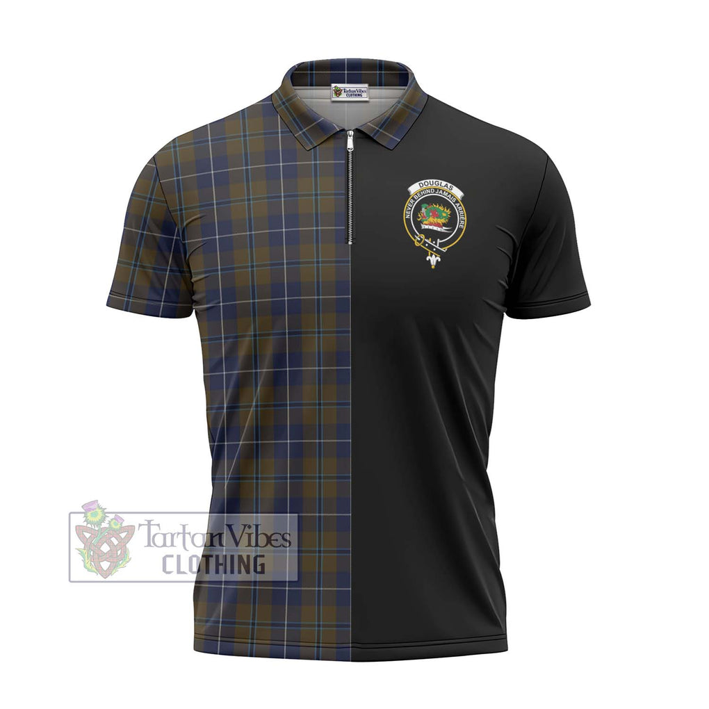 Douglas Brown Tartan Zipper Polo Shirt with Family Crest and Half Of Me Style - Tartanvibesclothing Shop