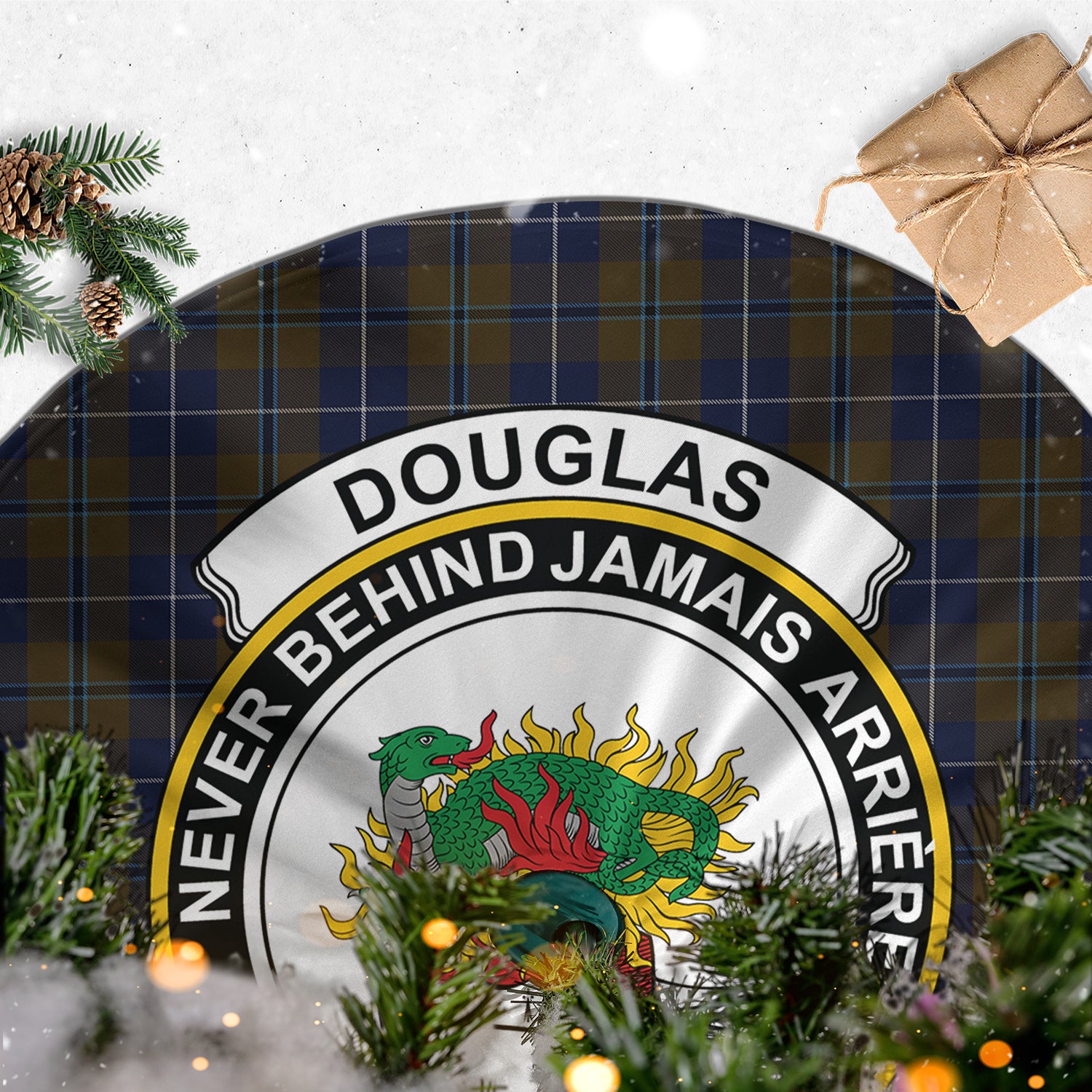 Douglas Brown Tartan Christmas Tree Skirt with Family Crest - Tartanvibesclothing