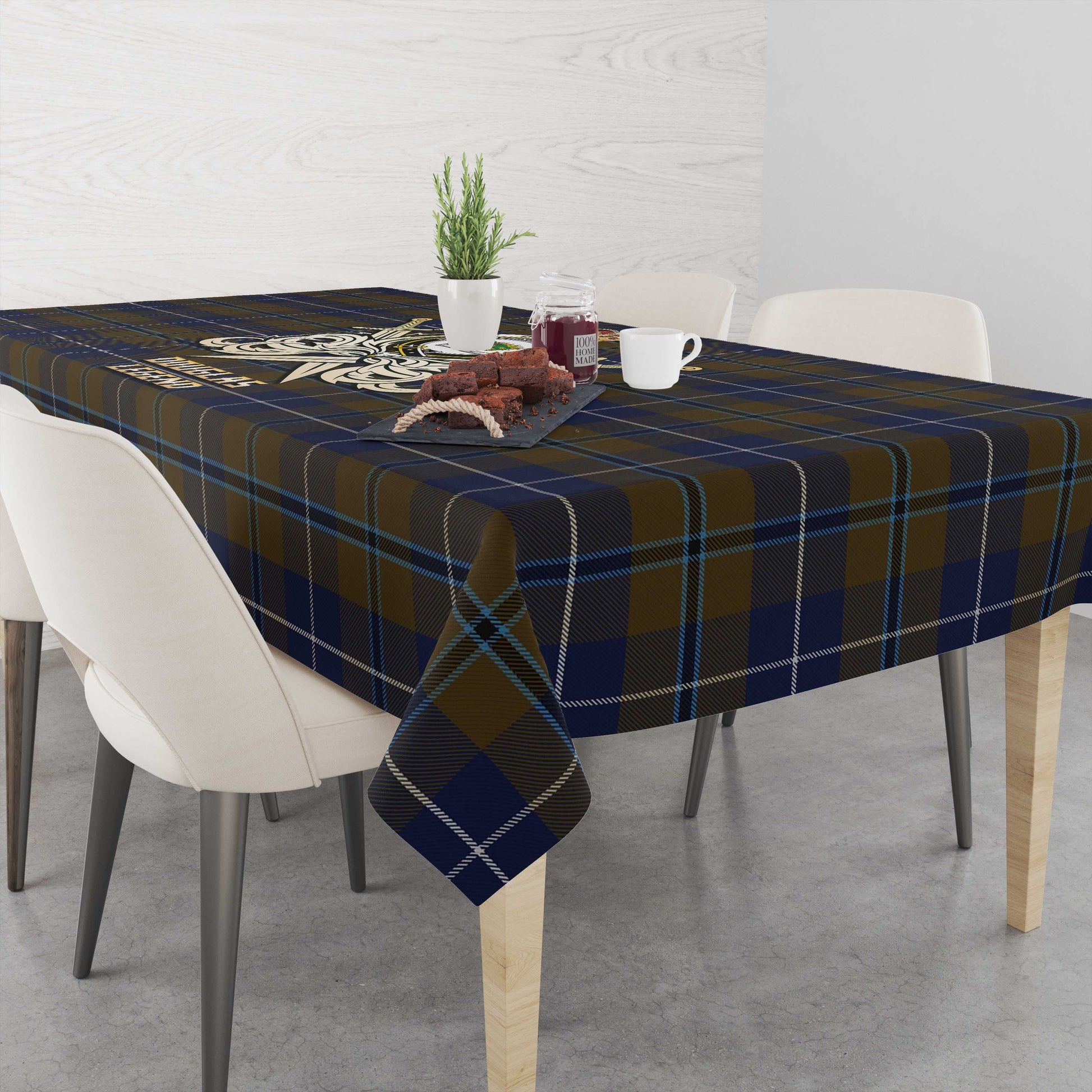 Tartan Vibes Clothing Douglas Brown Tartan Tablecloth with Clan Crest and the Golden Sword of Courageous Legacy