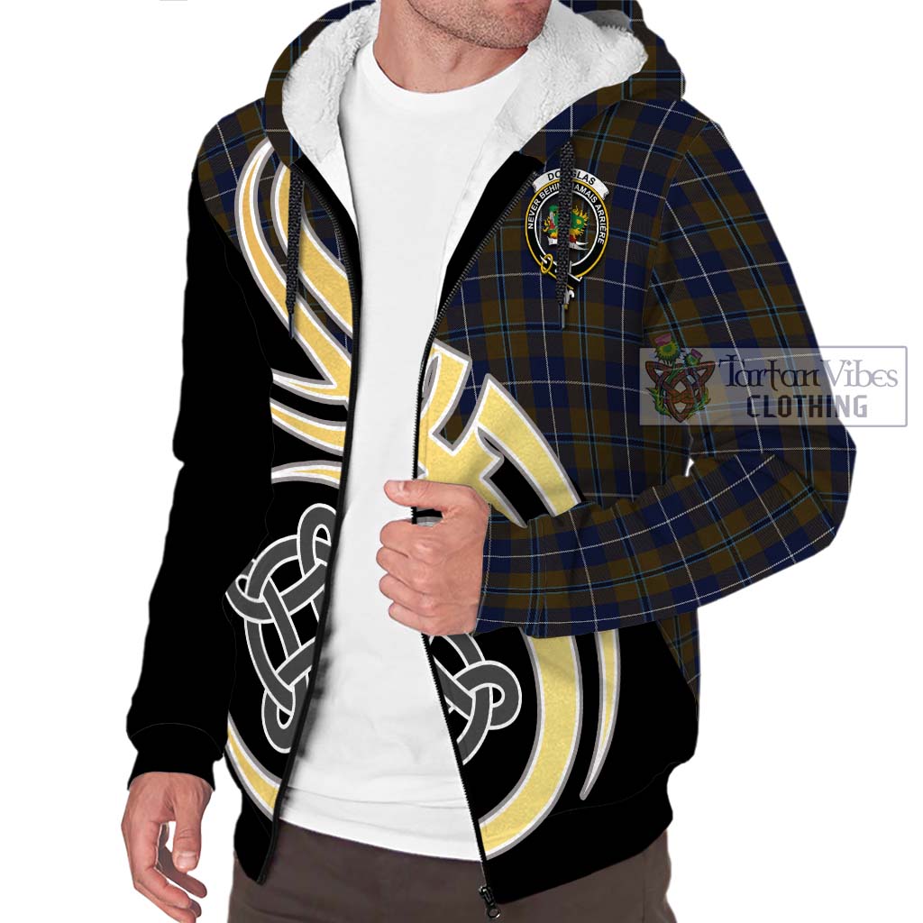 Douglas Brown Tartan Sherpa Hoodie with Family Crest and Celtic Symbol Style - Tartan Vibes Clothing