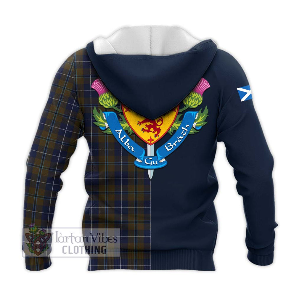 Tartan Vibes Clothing Douglas Brown Tartan Knitted Hoodie with Scottish Lion Royal Arm Half Style