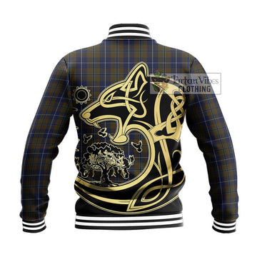 Douglas Brown Tartan Baseball Jacket with Family Crest Celtic Wolf Style