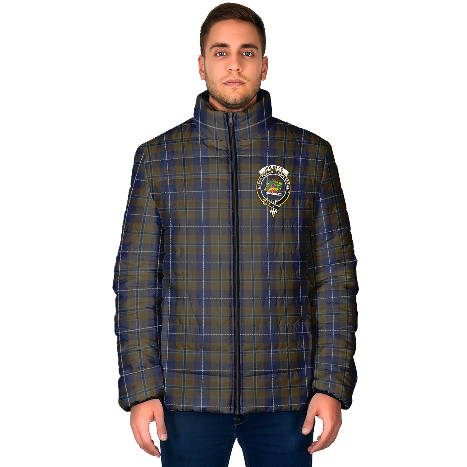 Douglas Brown Tartan Padded Jacket with Family Crest - Tartan Vibes Clothing