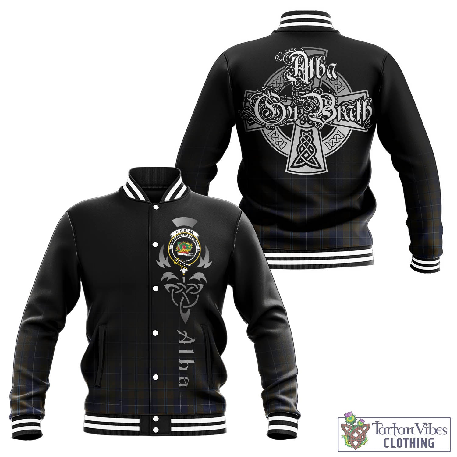 Tartan Vibes Clothing Douglas Brown Tartan Baseball Jacket Featuring Alba Gu Brath Family Crest Celtic Inspired