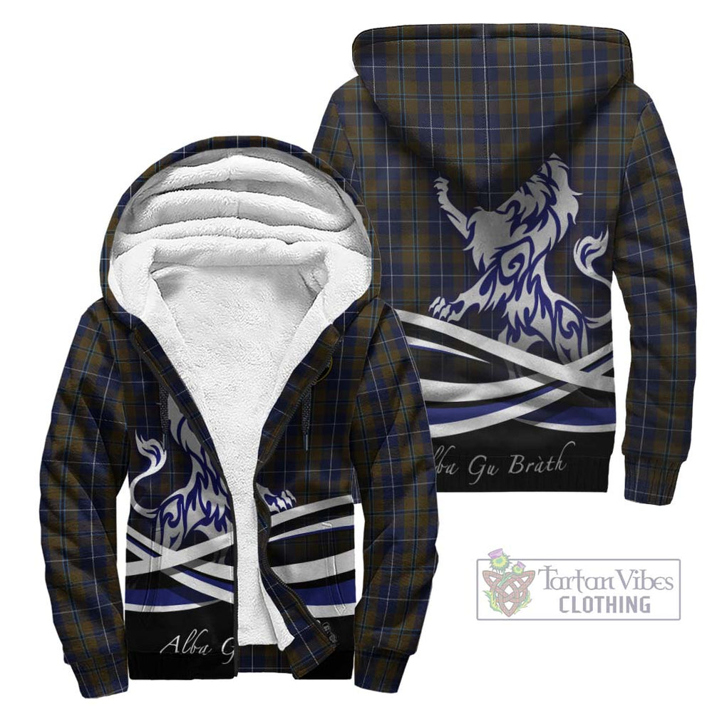 Douglas Brown Tartan Sherpa Hoodie with Alba Gu Brath Regal Lion Emblem Unisex - Tartanvibesclothing Shop