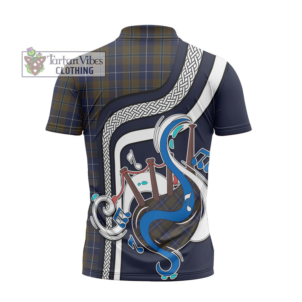 Douglas Brown Tartan Zipper Polo Shirt with Epic Bagpipe Style - Tartanvibesclothing Shop