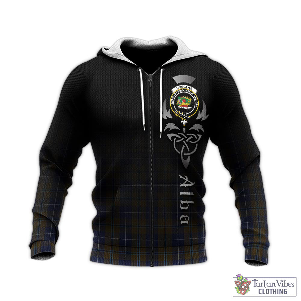 Tartan Vibes Clothing Douglas Brown Tartan Knitted Hoodie Featuring Alba Gu Brath Family Crest Celtic Inspired