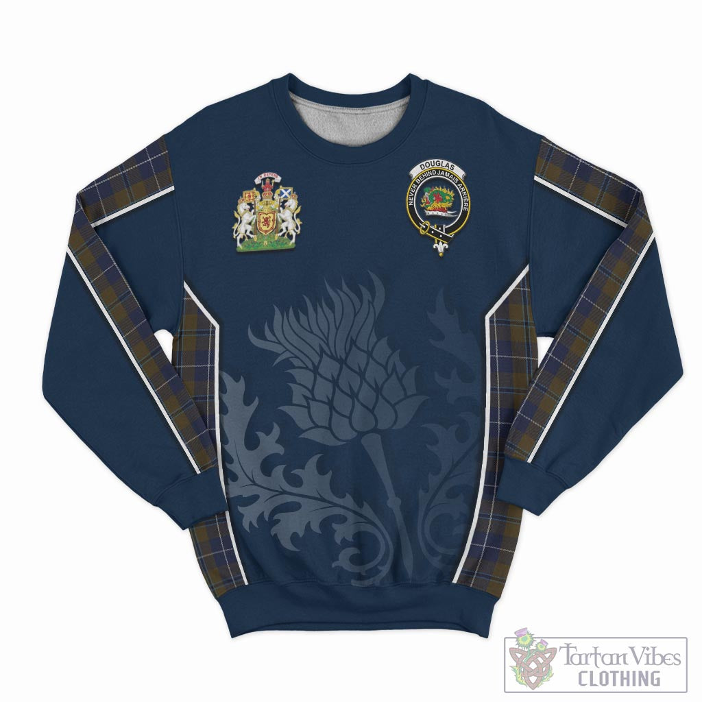 Tartan Vibes Clothing Douglas Brown Tartan Sweatshirt with Family Crest and Scottish Thistle Vibes Sport Style