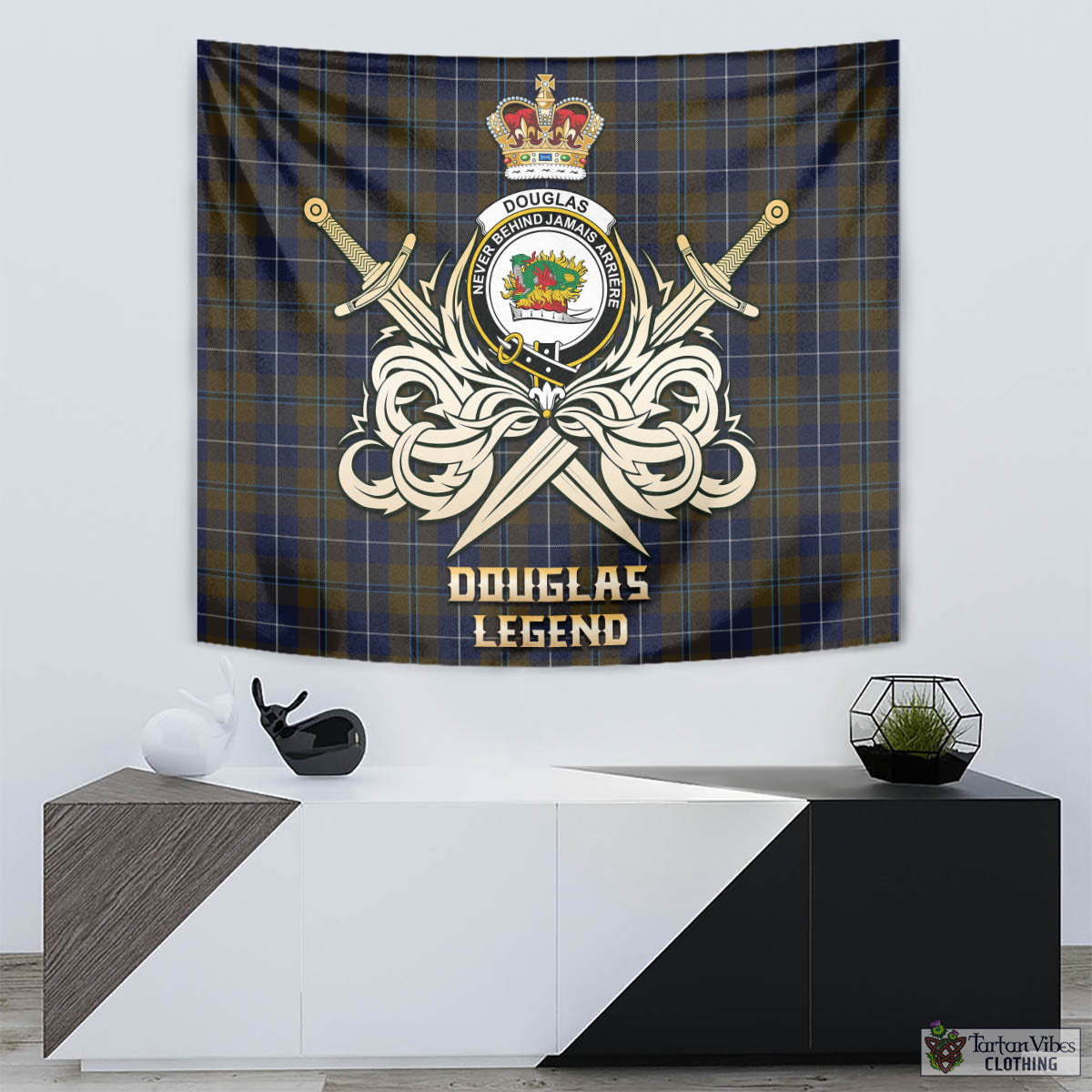 Tartan Vibes Clothing Douglas Brown Tartan Tapestry with Clan Crest and the Golden Sword of Courageous Legacy