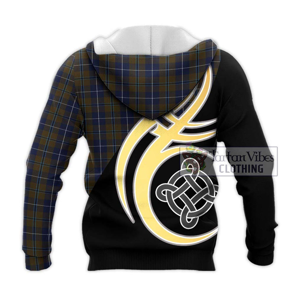 Douglas Brown Tartan Knitted Hoodie with Family Crest and Celtic Symbol Style - Tartan Vibes Clothing