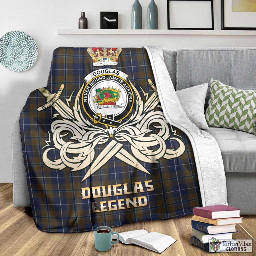 Tartan Vibes Clothing Douglas Brown Tartan Blanket with Clan Crest and the Golden Sword of Courageous Legacy