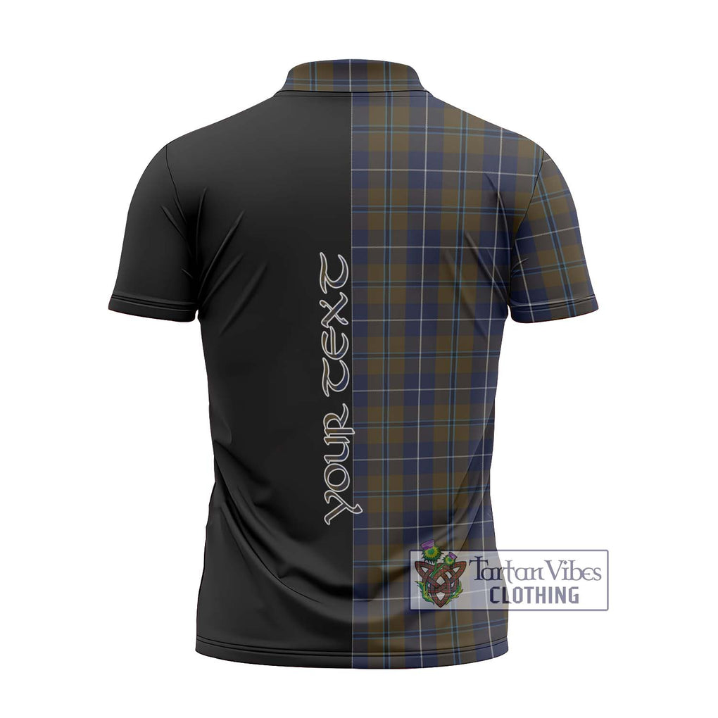 Douglas Brown Tartan Zipper Polo Shirt with Family Crest and Half Of Me Style - Tartanvibesclothing Shop