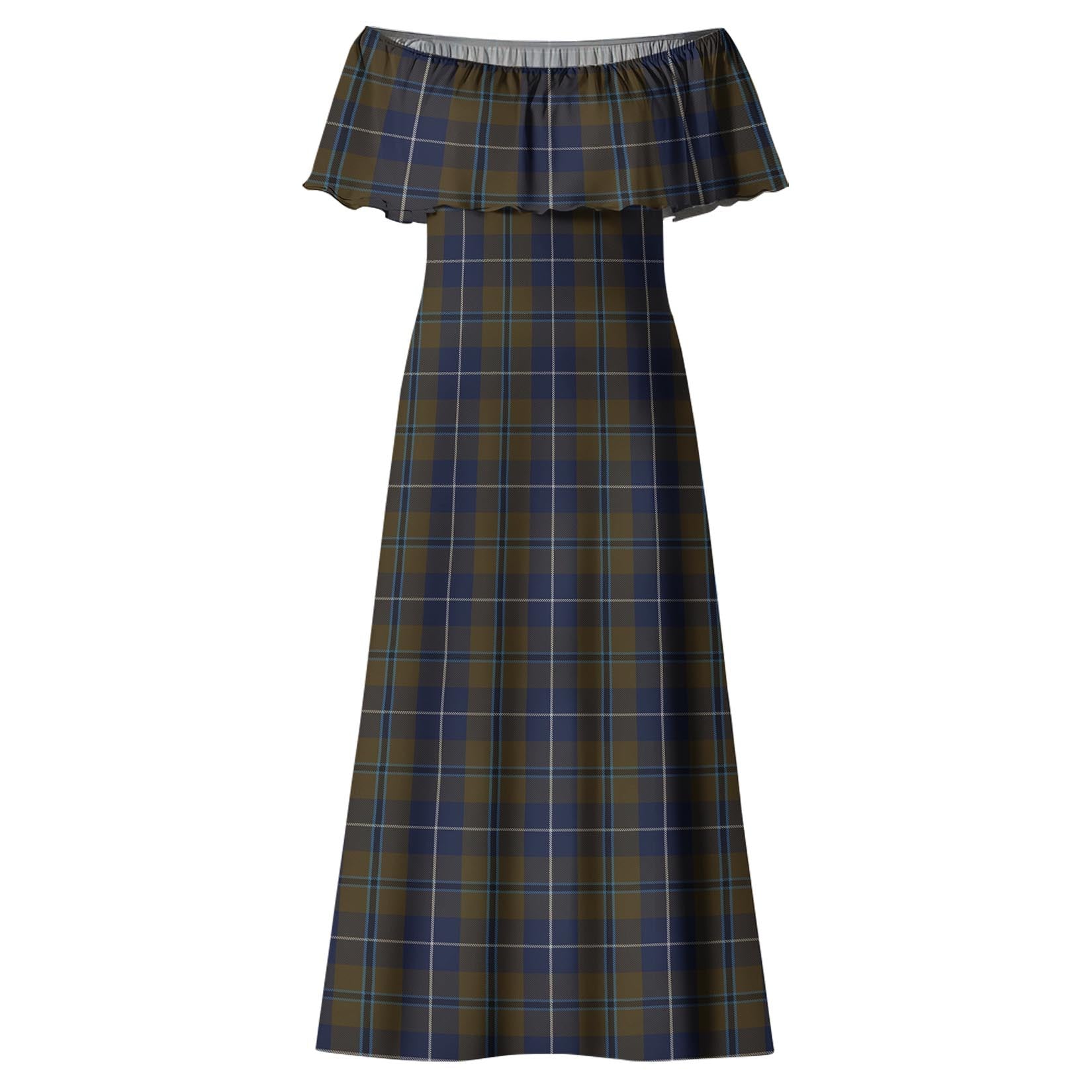 Douglas Brown Tartan Off Shoulder Long Dress - Tartanvibesclothing