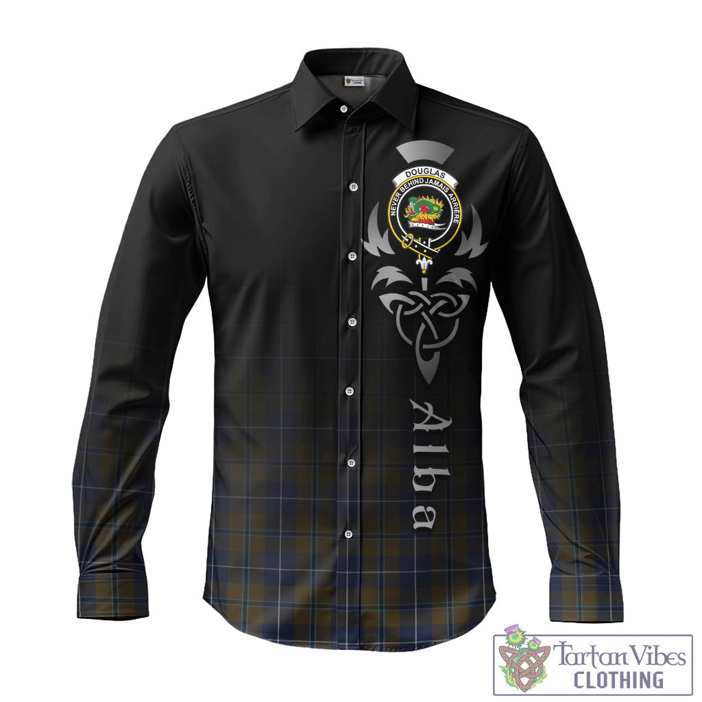 Tartan Vibes Clothing Douglas Brown Tartan Long Sleeve Button Up Featuring Alba Gu Brath Family Crest Celtic Inspired