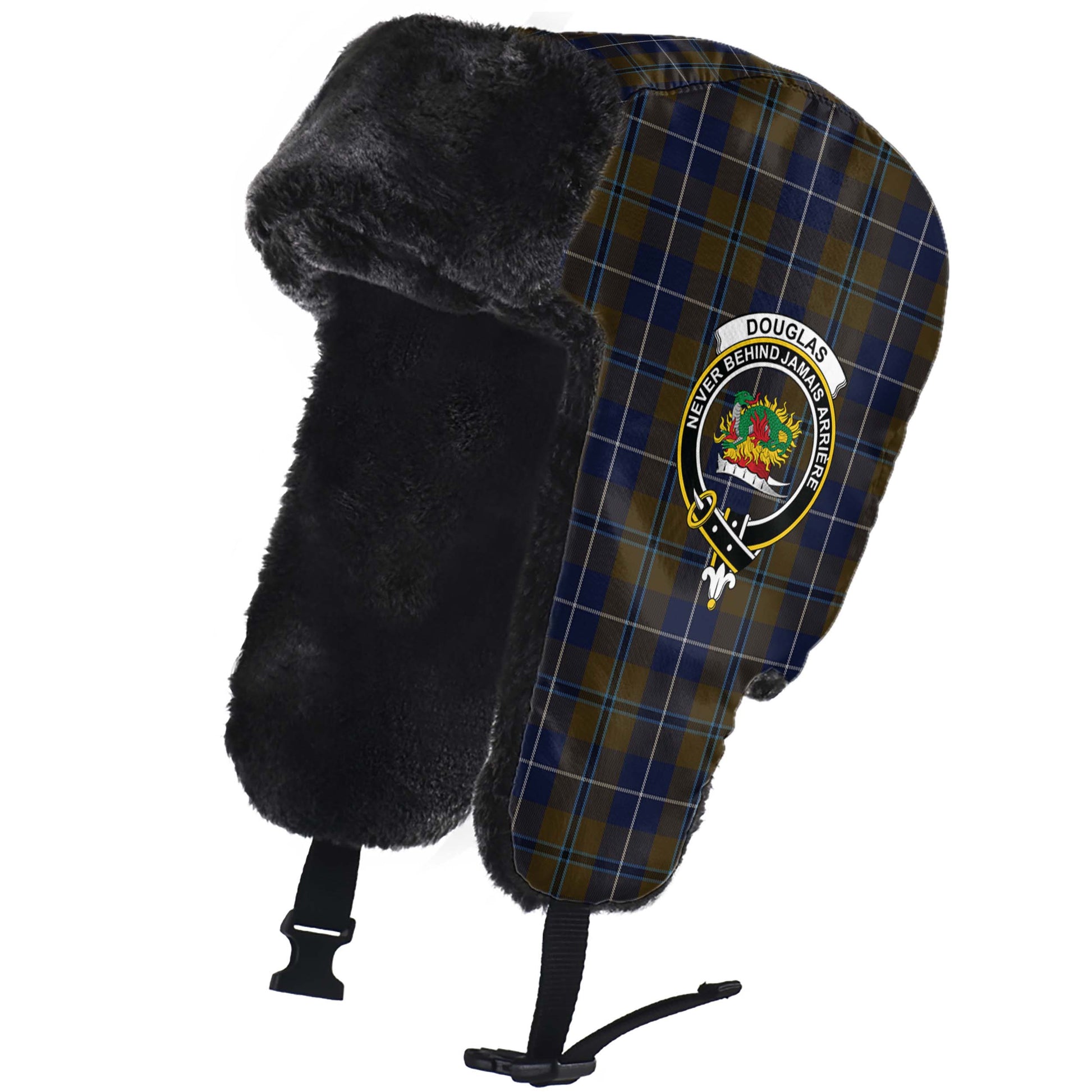 Douglas Brown Tartan Winter Trapper Hat with Family Crest - Tartanvibesclothing