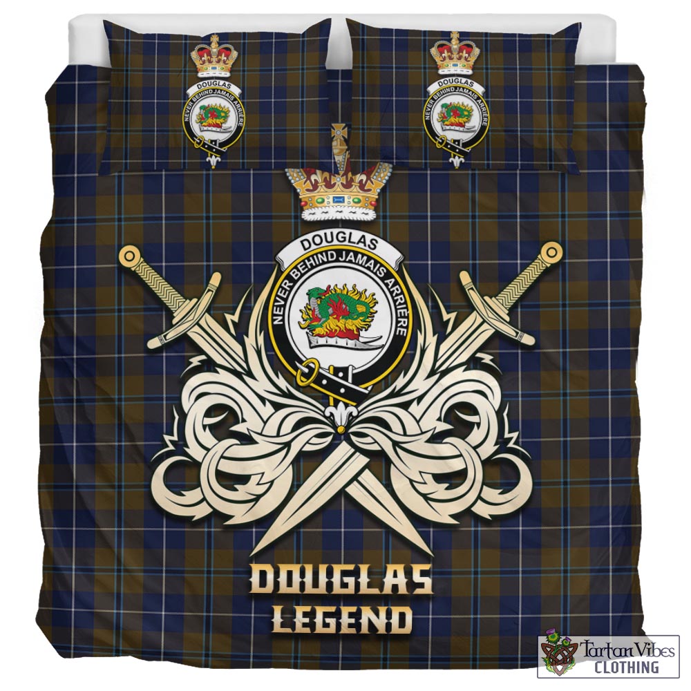 Tartan Vibes Clothing Douglas Brown Tartan Bedding Set with Clan Crest and the Golden Sword of Courageous Legacy