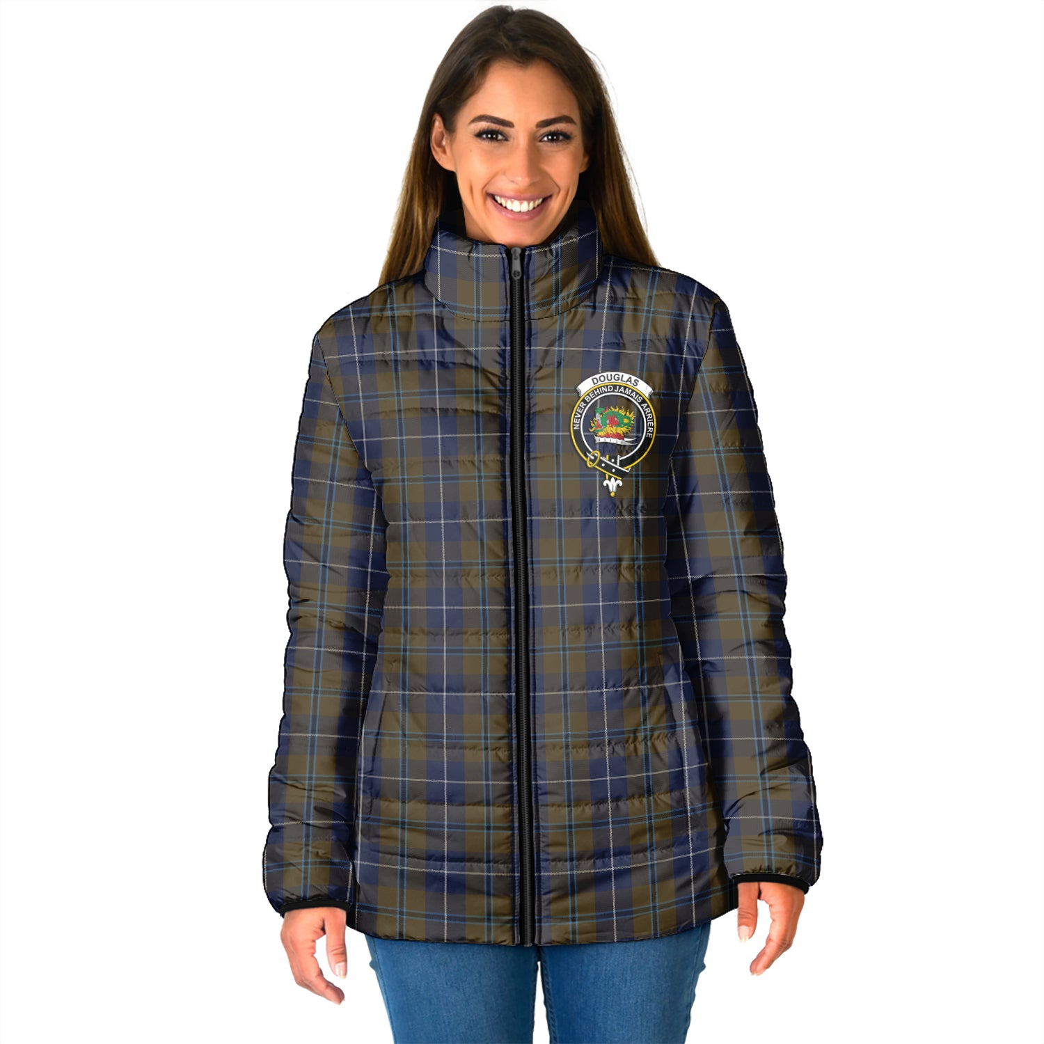 Douglas Brown Tartan Padded Jacket with Family Crest - Tartan Vibes Clothing