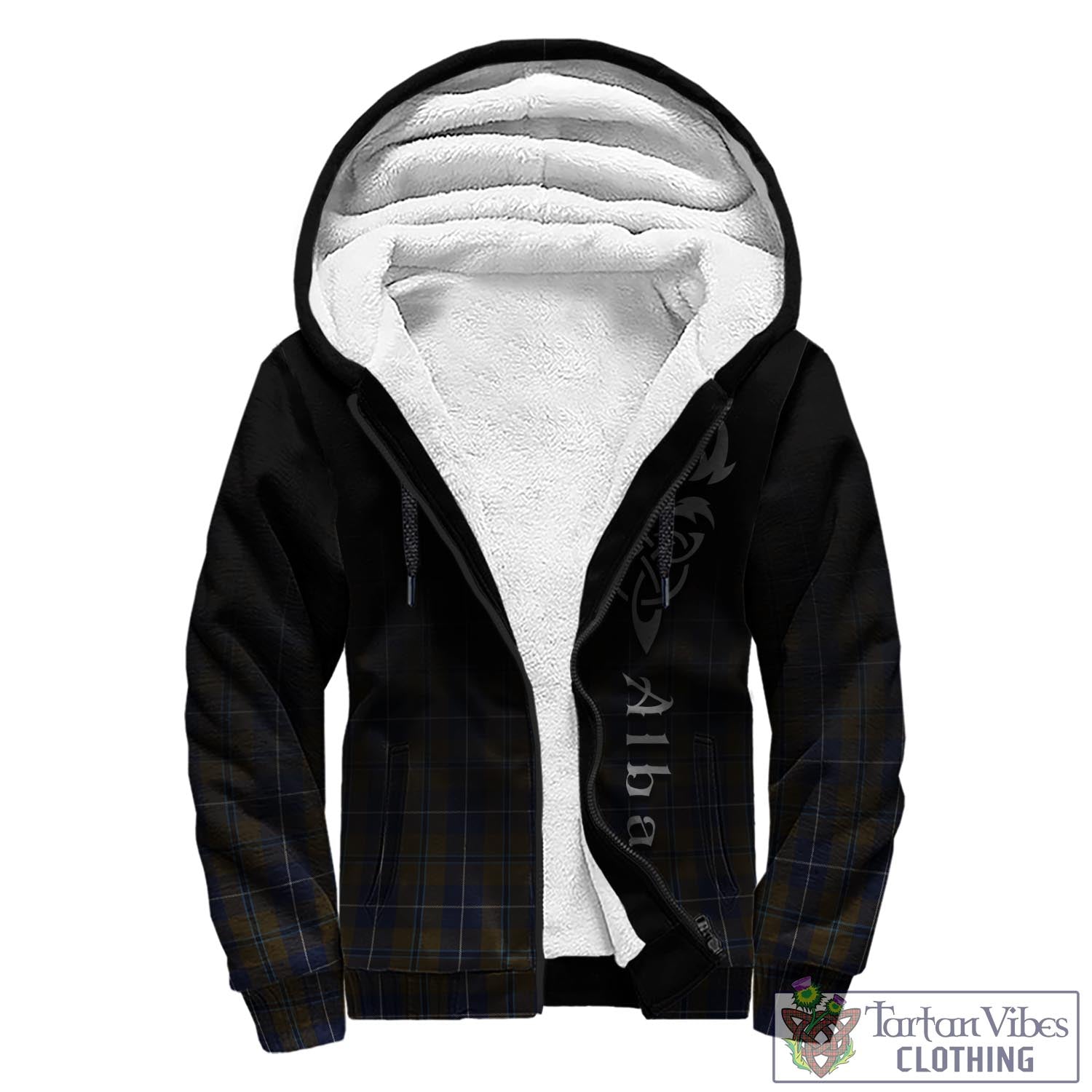 Tartan Vibes Clothing Douglas Brown Tartan Sherpa Hoodie Featuring Alba Gu Brath Family Crest Celtic Inspired