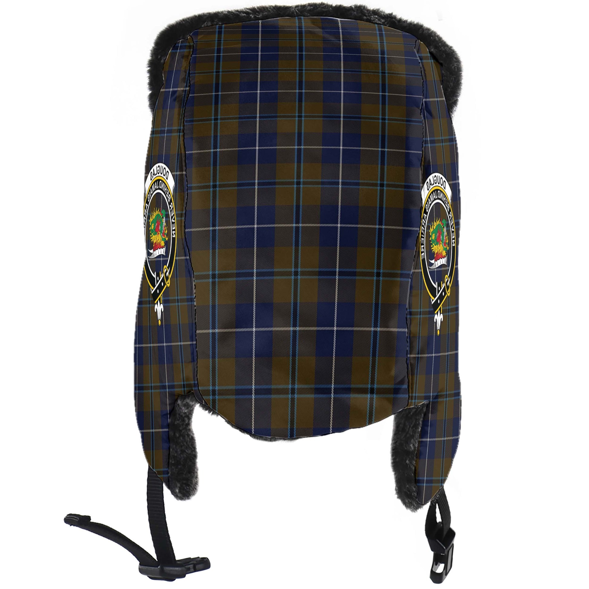 Douglas Brown Tartan Winter Trapper Hat with Family Crest - Tartanvibesclothing