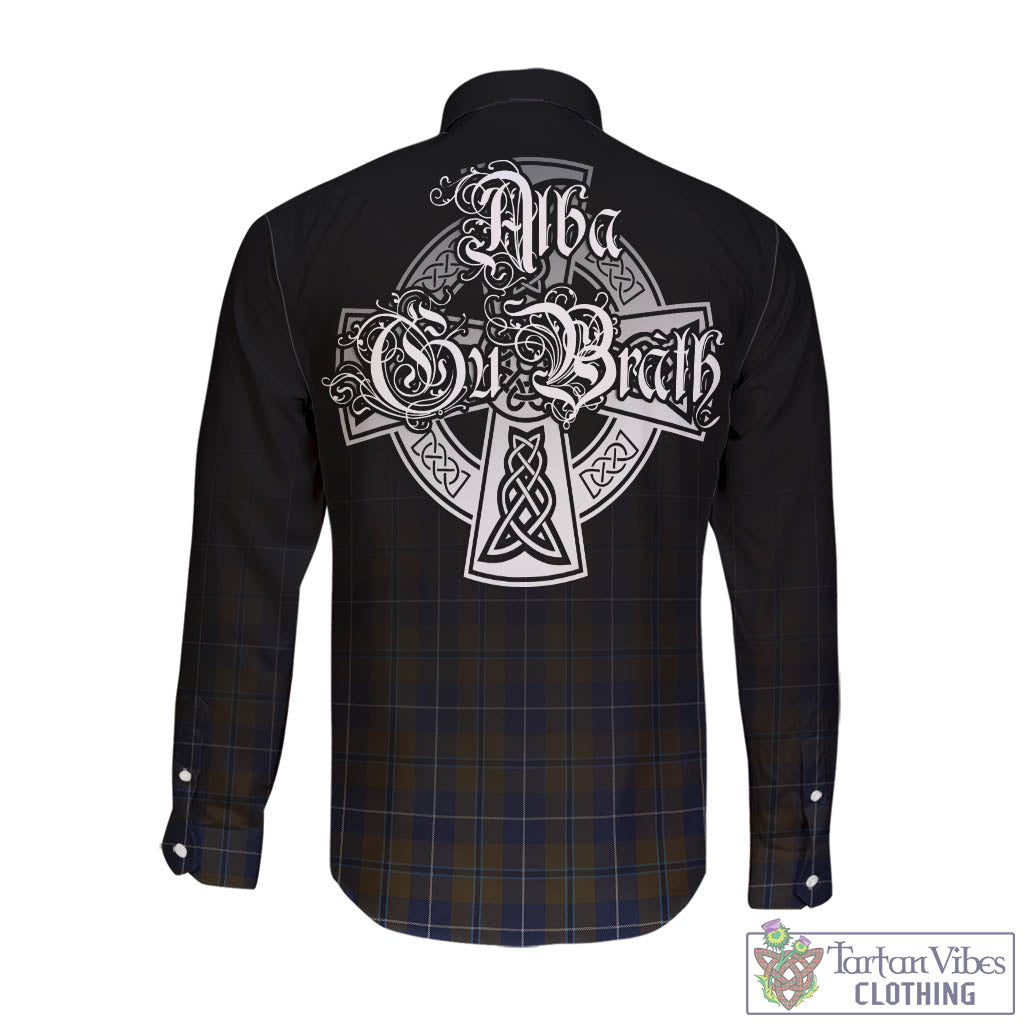 Tartan Vibes Clothing Douglas Brown Tartan Long Sleeve Button Up Featuring Alba Gu Brath Family Crest Celtic Inspired