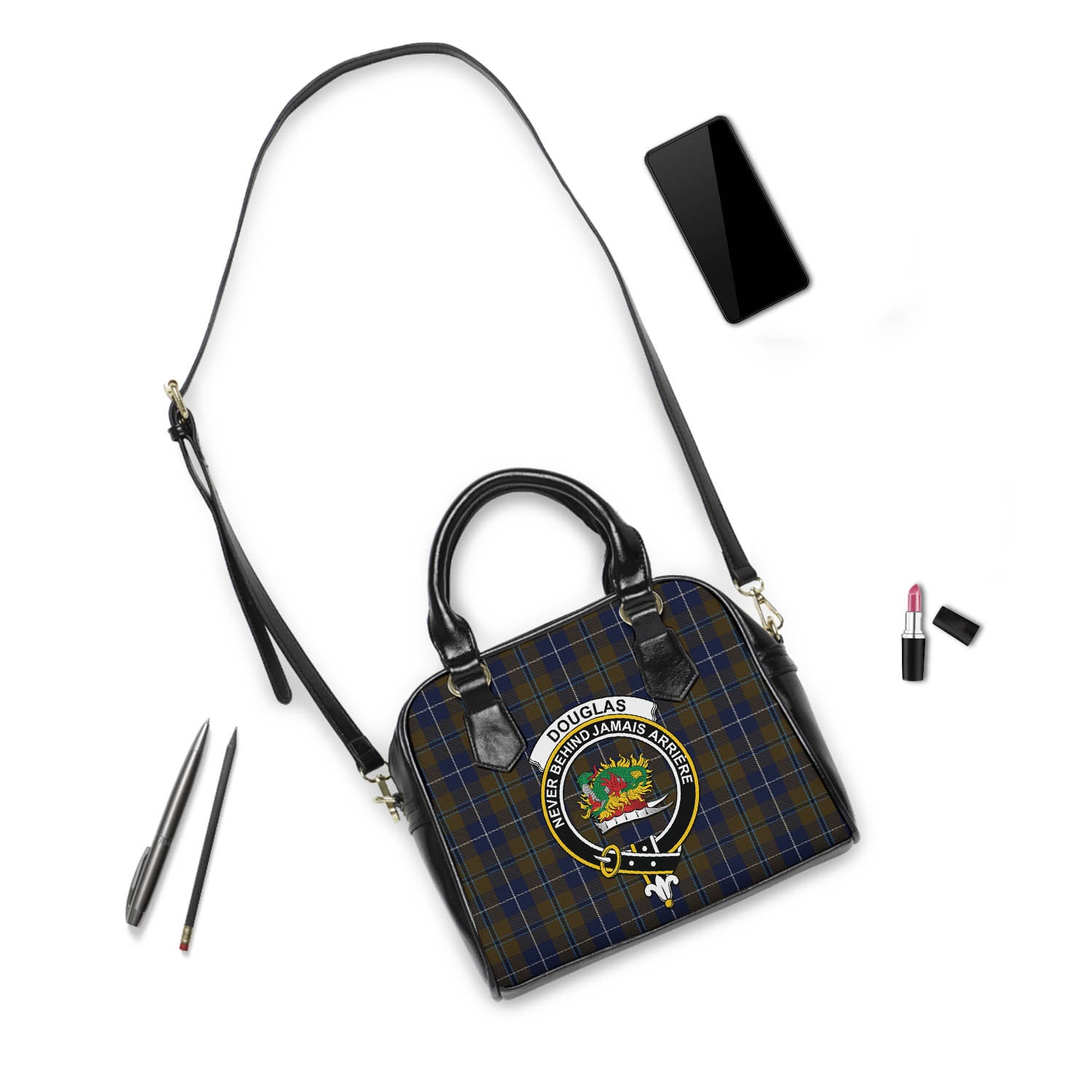 Douglas Brown Tartan Shoulder Handbags with Family Crest - Tartanvibesclothing