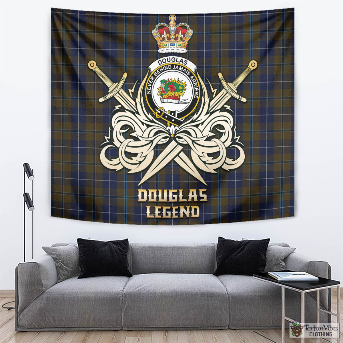 Tartan Vibes Clothing Douglas Brown Tartan Tapestry with Clan Crest and the Golden Sword of Courageous Legacy