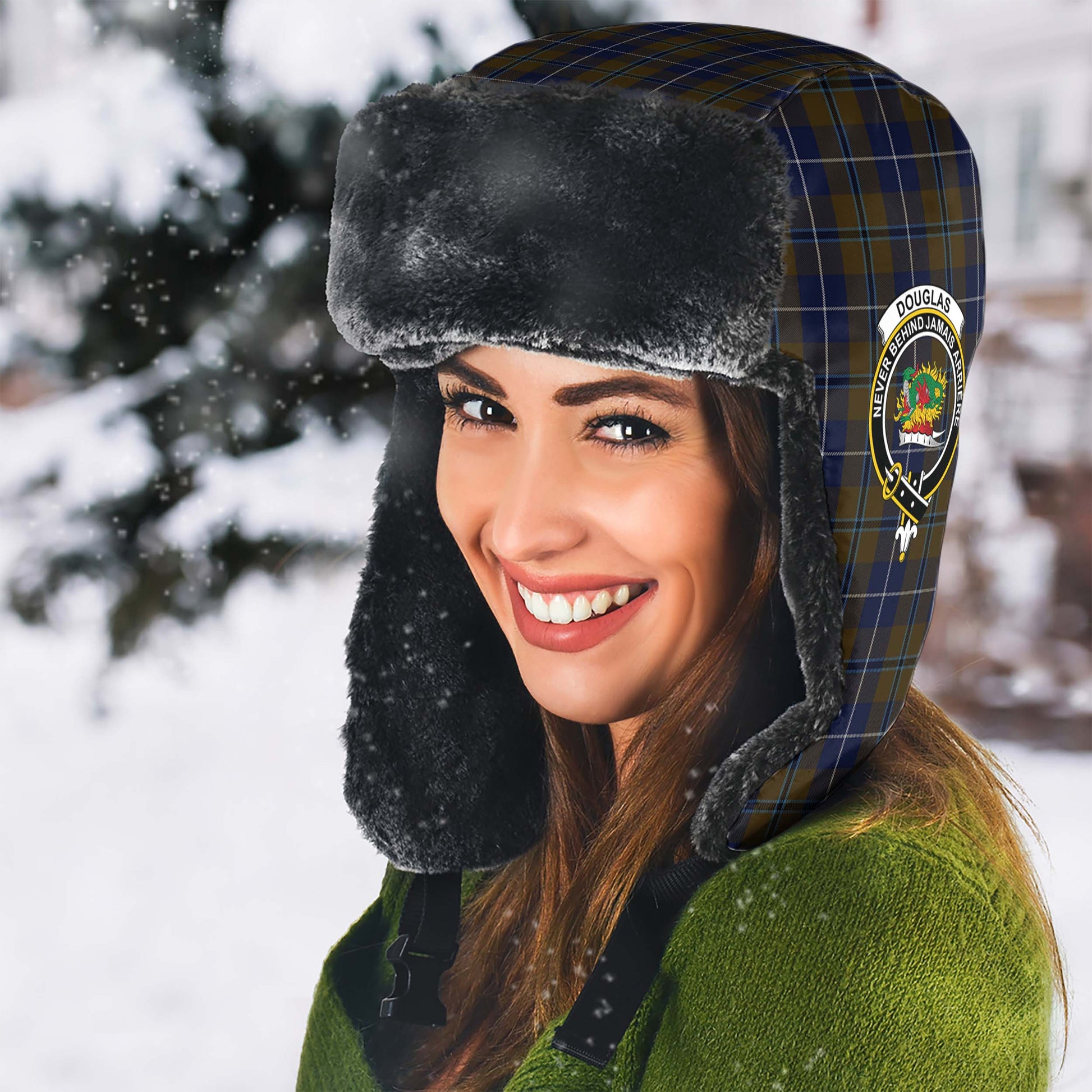 Douglas Brown Tartan Winter Trapper Hat with Family Crest - Tartanvibesclothing